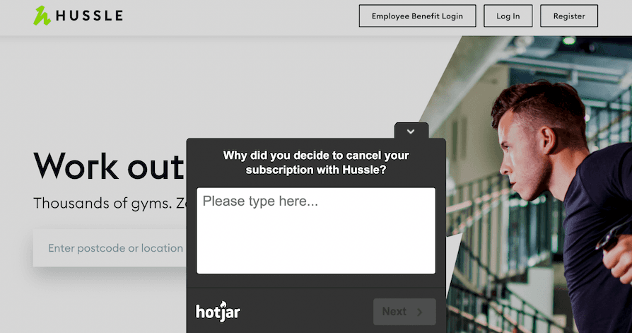 A HOTJAR SURVEY ASKING HUSSLE USERS WHY THEY'RE CANCELING THEIR SUBSCRIPTION 